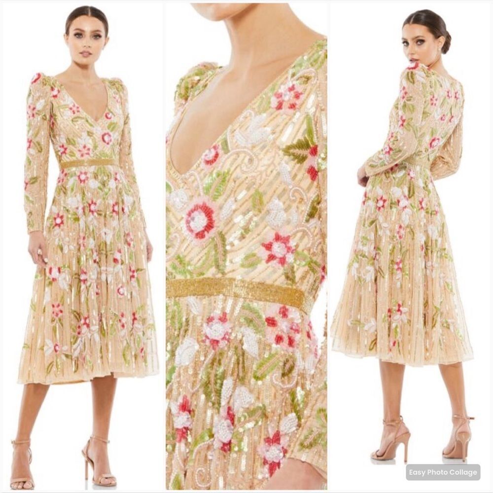 Mac Duggal 5415 Floral Tea Length Dress Sequin Beaded
